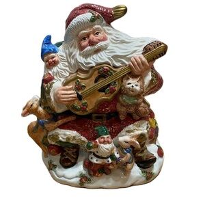 Vintage Fitz and Floyd Cookie Jar Santa Claus W/ Guitar Ceramic Omnibus Forest